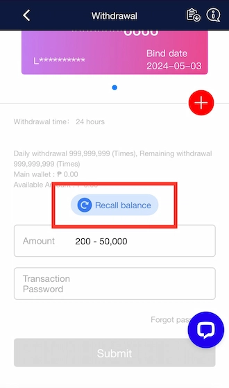 Step 1: At the JeetWin withdrawal interface, click on Recall Balance